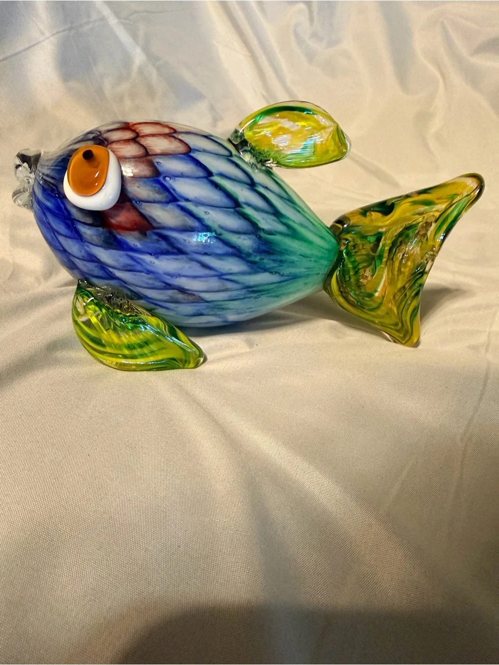 Handblown Art Glass Fish Figurine 9” Blue Green Yellow Coastal Ocean Decor
